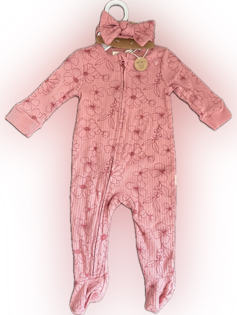 Organic Cotton 2 Piece Set Rabbit+Bear Pink Floral Footsie Pajamas & Bow